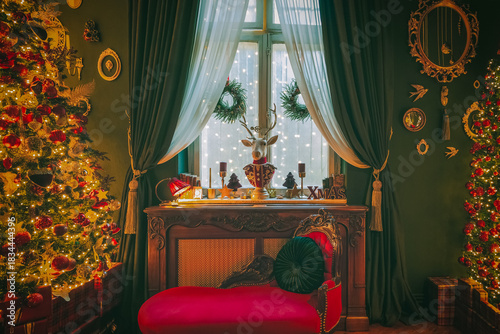 Christmas home decor, set-ups and decorations. Christmas spirit and home decor with a lot of details, in a warm and gentle light with a rich bokeh.