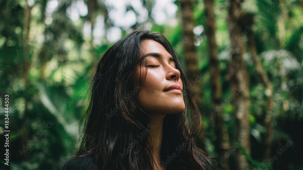Naklejka premium Serene Woman Meditating in Lush Green Forest: Finding Peace and Tranquility in Nature