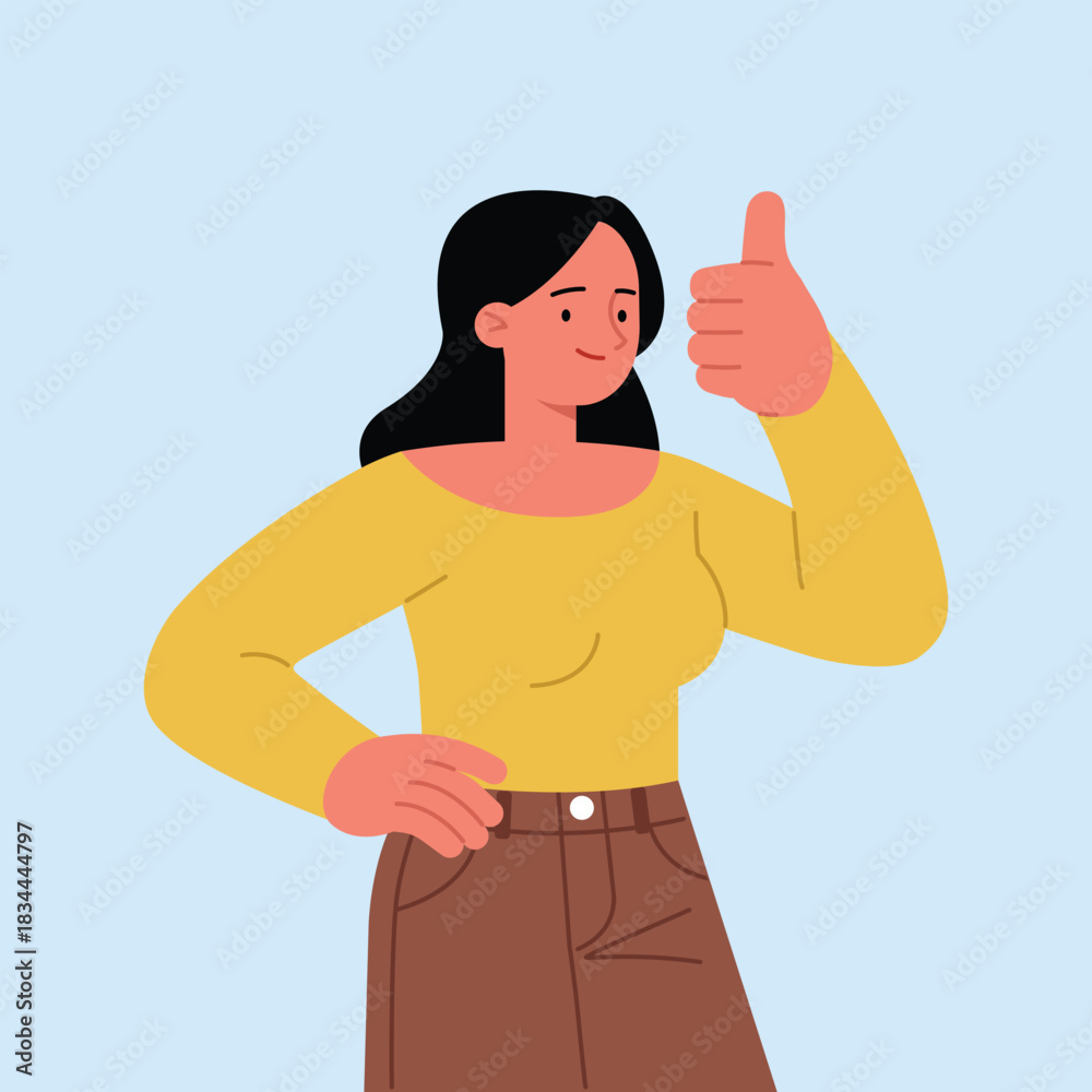 Fototapeta premium Smiling woman making thumbs up gesture. Vector illustration in a flat style