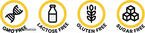 Set of Four Circular Yellow and Black Line Icons for Dietary Restrictions: GMO Free, Lactose Free, Gluten Free, and Sugar Free