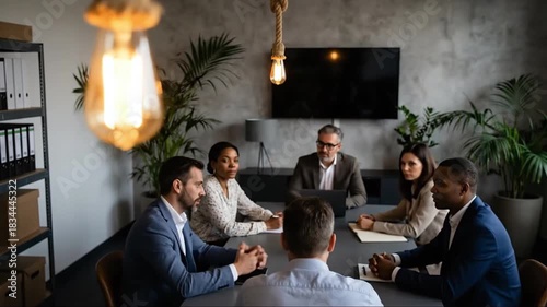 Diverse Business Team Collaborating in a Modern Conference Room Meeting, Professional Corporate Discussion