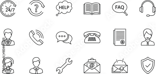 Customer support icon vector set, black-and-white line symbols for service, communication, and technical assistance