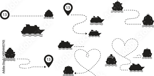 Illustration of Cruise Ship Routes and Destinations with Number Thirteen Symbol