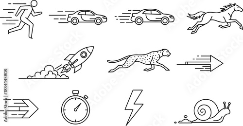 Speed and motion icon vector set, black-and-white dynamic symbols for velocity, energy, and performance