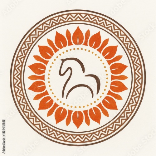 Minimalist horse emblem inside a fiery mandala with leaf-shaped flames and geometric border in warm earthy tones