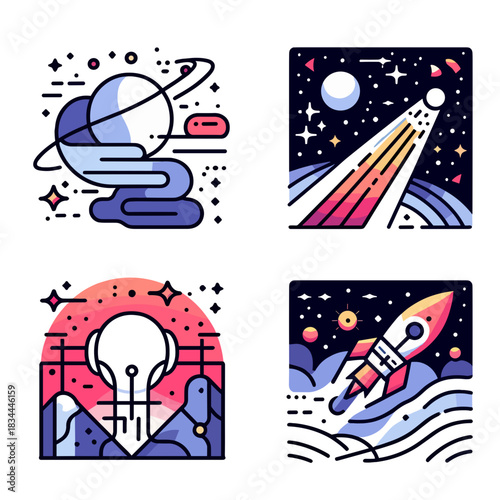 Colorful space themed illustrations of planets, rockets, and stars  