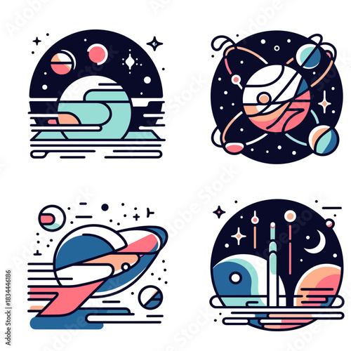 Space mystery illustration featuring colorful planets and rockets  