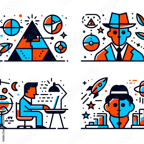 Abstract illustrations of conspiracy theories with geometric designs  