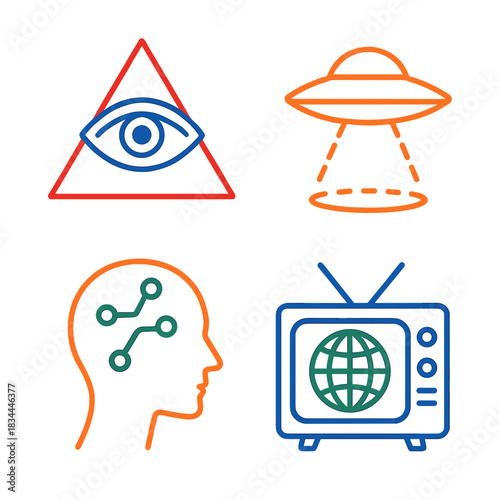 Icons representing conspiracy theories with UFO, eye, brain, and TV  