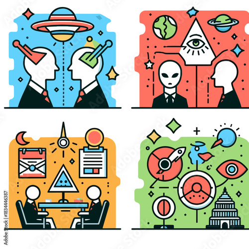 Conspiracy theory illustrations featuring aliens, symbols, and space elements  