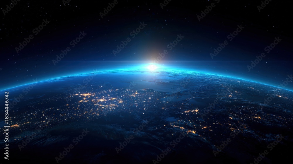 Obraz premium Earth From Space at Night with City Lights and Atmospheric Glow Background