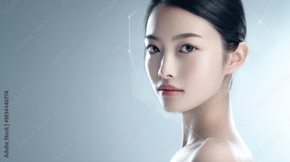 Naklejka premium Elegant Asian Woman with Glowing Skin, Modern Beauty Technology, and Digital Enhancement