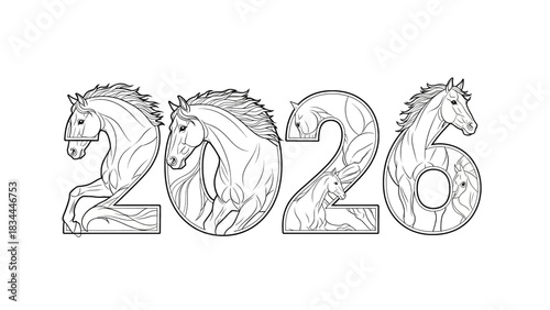 Line art illustration of year two thousand twenty-six, creatively featuring horse figures forming each numeral, symbolizing strength, grace, and the hopeful promise of new beginnings