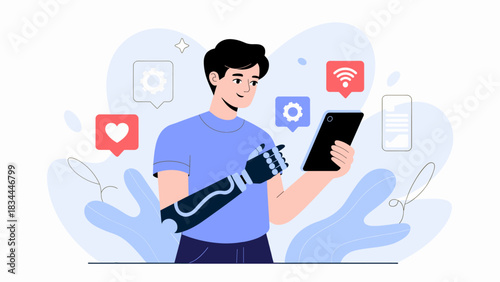 man with a bionic prosthetic arm using a tablet, vector illustration for assistive technology, disability inclusion, and modern connectivity