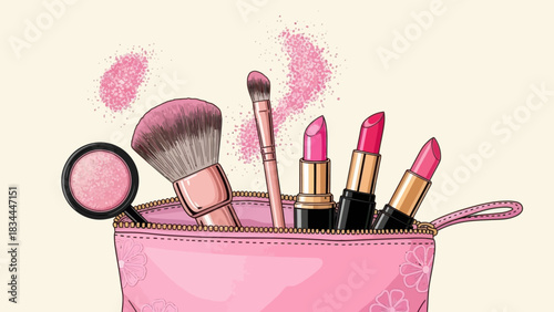 Pink cosmetics bag brimming with makeup essentials and beauty tools showcasing a feminine artistic