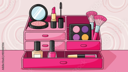 Pink cosmetic organizer filled with assorted beauty products for vibrant makeup application