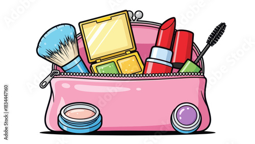 Illustrative charm of a pink makeup bag overflowing with assorted cosmetic products