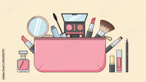 Charming cosmetic bag with essential beauty products for radiant style and confident looks
