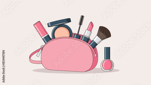 Charming cosmetic collection in pink pouch, a makeup artist's essential daily set for beauty
