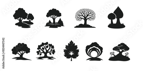 Set of different tree silhouettes for forest park or garden design.