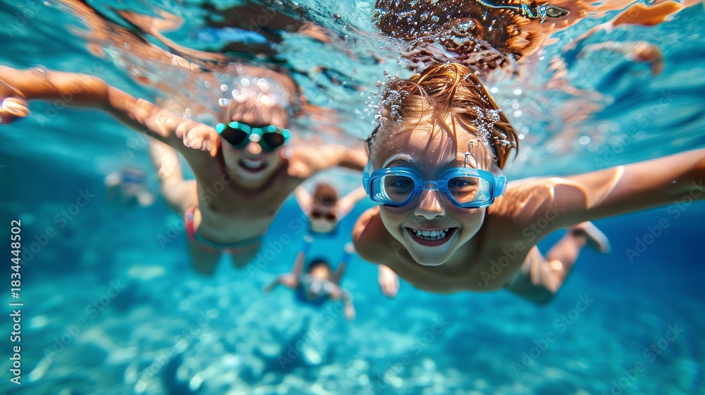 Naklejka premium A young boy and his family enjoy underwater swimming together in a pool during summer vacation