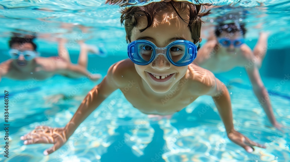 Naklejka premium A young boy and his family enjoy underwater swimming together during their summer vacation