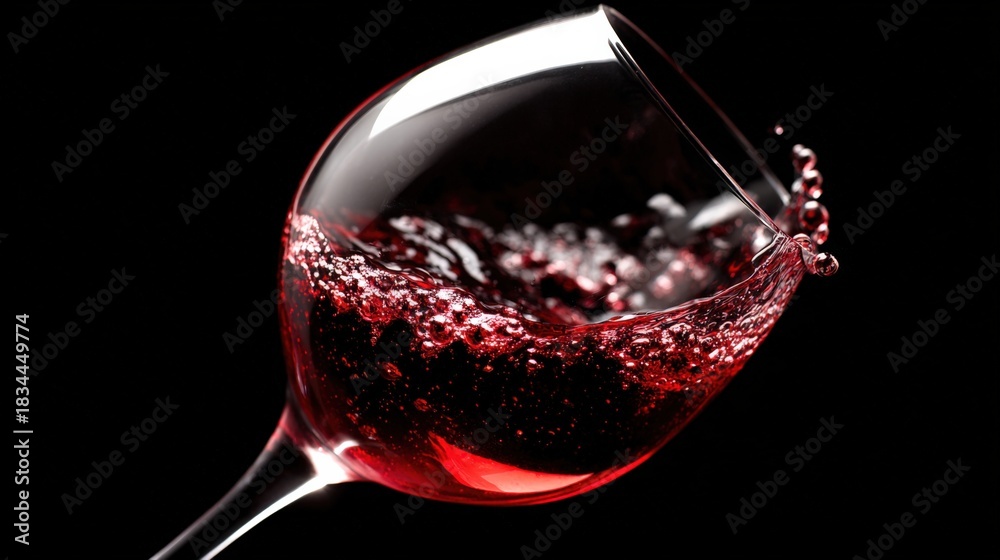 Obraz premium Elegant red wine swirling in a crystal glass against a stark black backdrop, showcasing its rich color