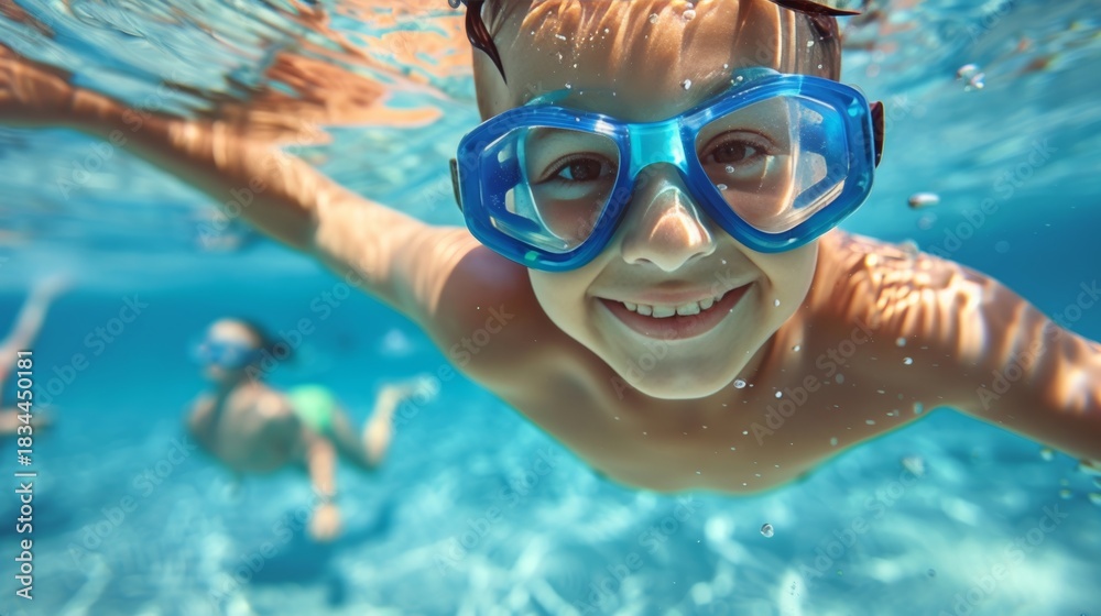 Naklejka premium A young boy enjoys summer vacation swimming underwater with his family in a pool
