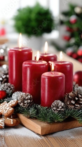Festive red candles surrounded by holiday decorations on a snowy winter day