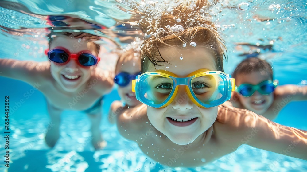 Naklejka premium A young boy enjoys underwater swimming with his family in a pool during summer vacation