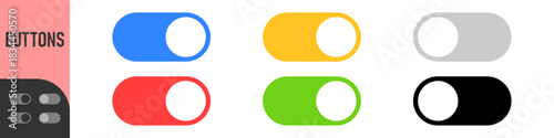 Toggle switch buttons, on and off states in orange, blue, grey, black, green and red for UI interface controls