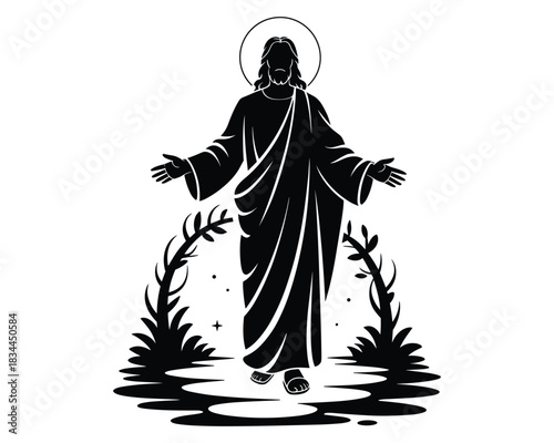Religious figure surrounded by stylized nature