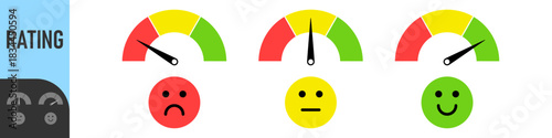 Colorful rating meter icons, Gauges and emoji with happy, neutral, and sad faces showing satisfaction performance levels from low (red) to high (green) for feedback, review, and evaluation