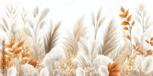 Fototapeta Naklejka Na Ścianę i Meble -  Elegant Botanical Arrangement with Meadow Grasses and Floral Elements in Soft Earthy Tones and Light