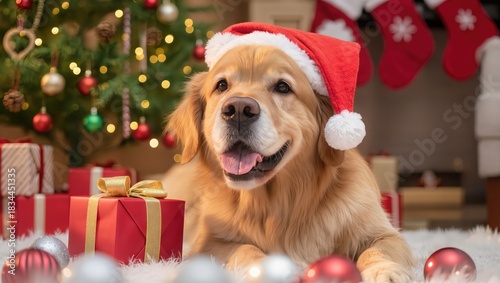 Cute Christmas dog with soft lighting and shallow depth of field, creating a warm and festive holiday pet scene