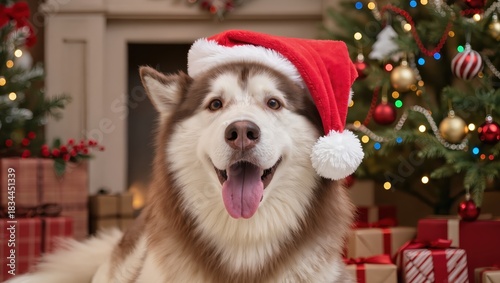 Cute Christmas dog with soft lighting and shallow depth of field, creating a warm and festive holiday pet scene