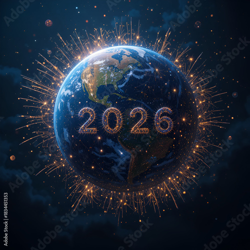 Earth celebrates the arrival of the year 2026 with brilliant golden fireworks exploding in the dark night sky