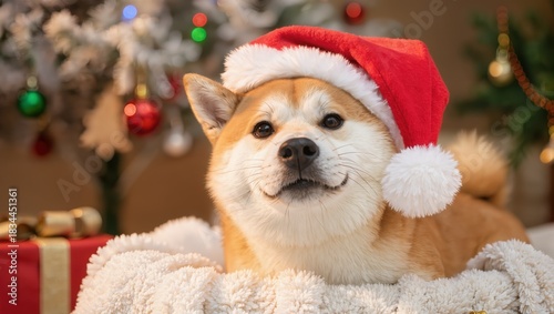 Cute Christmas dog with soft lighting and shallow depth of field, creating a warm and festive holiday pet scene