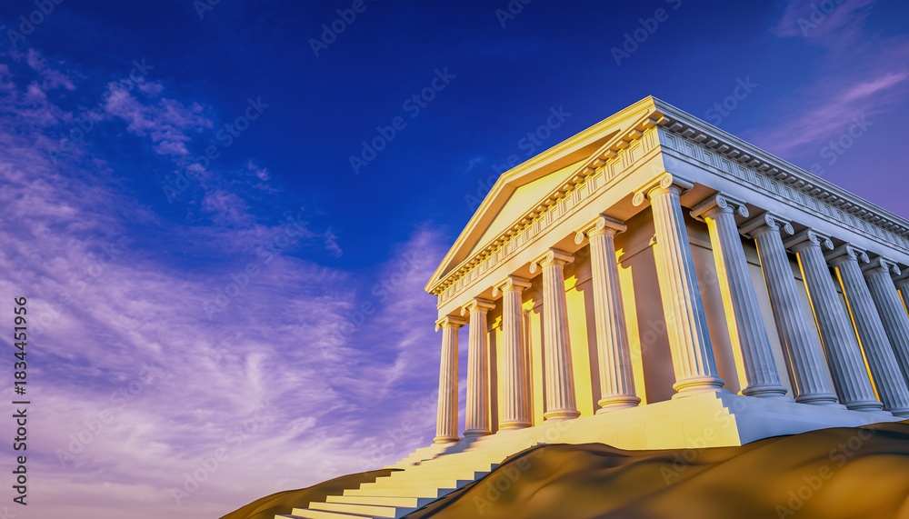 Fototapeta premium Majestic classical temple stands illuminated by the golden glow of a breathtaking sunrise, a timeless symbol of ancient architecture and historical grandeur under a vibrant sky
