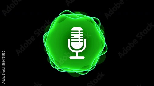 Animated voice assistant icon with white microphone symbol centered on a green circular badge surrounded by pulsing soundwave rings responding to audio frequency on black background