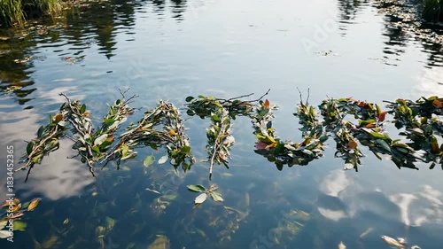 Nature word spelled with leaves and branches floating on water surface.