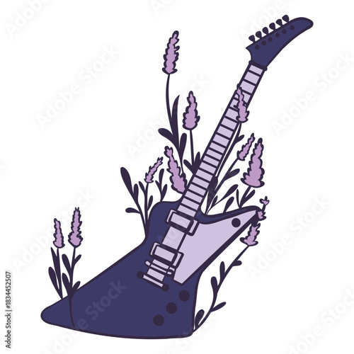 Electric guitar with flowers color stroke