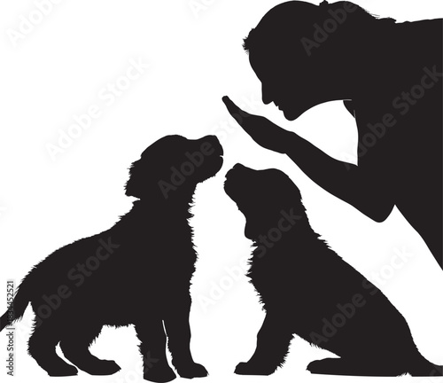 Women and Two Dogs Silhouette Vector Illustration. Pet Owner Bonding with Puppies Icon Graphic.