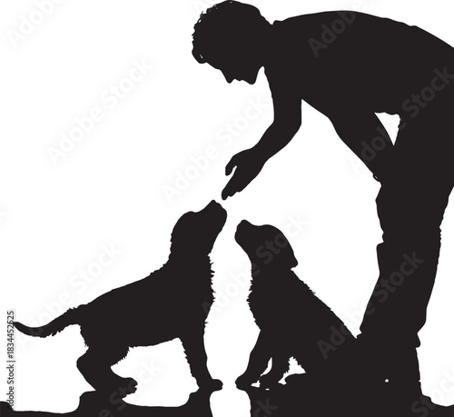 Man and Two Dogs Silhouette Vector Illustration. Pet Owner Bonding with Puppies Icon Graphic.
