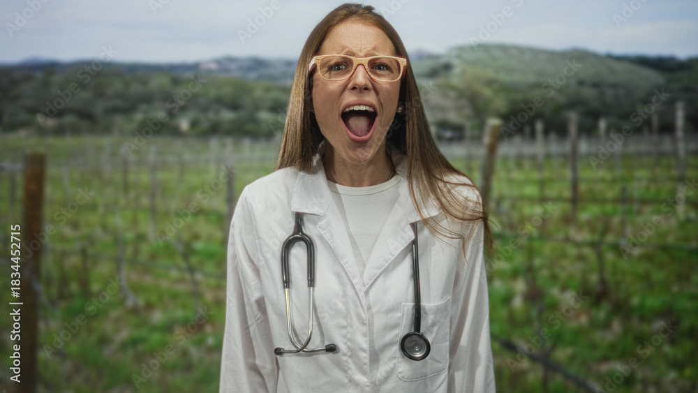 Obraz premium Woman doctor in white coat wearing stethoscope and glasses, mouth wide open shouting in vineyard field outdoors; alarm.