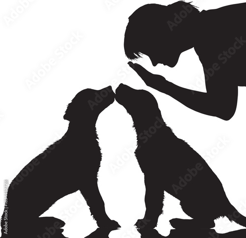 Women and Two Dogs Silhouette Vector Illustration. Pet Owner Bonding with Puppies Icon Graphic.