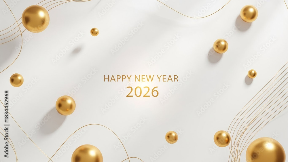 Obraz premium Elegant Happy New Year 2026 greeting with golden spheres and abstract lines on a clean white background, a sophisticated celebration visual