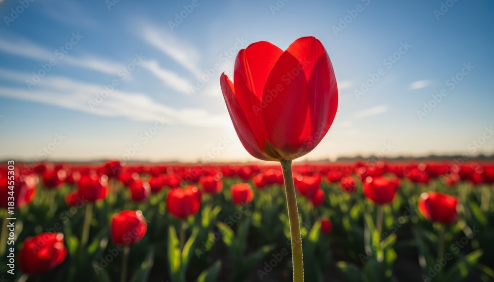 Obraz premium Single vibrant red tulip flower stands out in a beautiful sunlit field, with its delicate petals glowing from the warm backlight of the rising sun against a blue sky