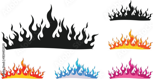 Flame vector set black silhouette and colorful fire illustrations