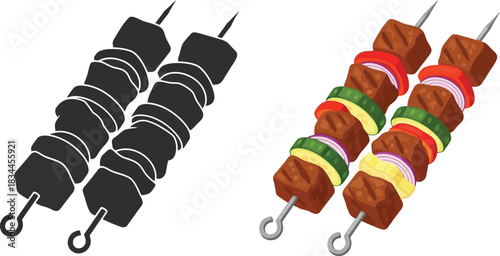 Two skewers of grilled meat and vegetables illustration with silhouette